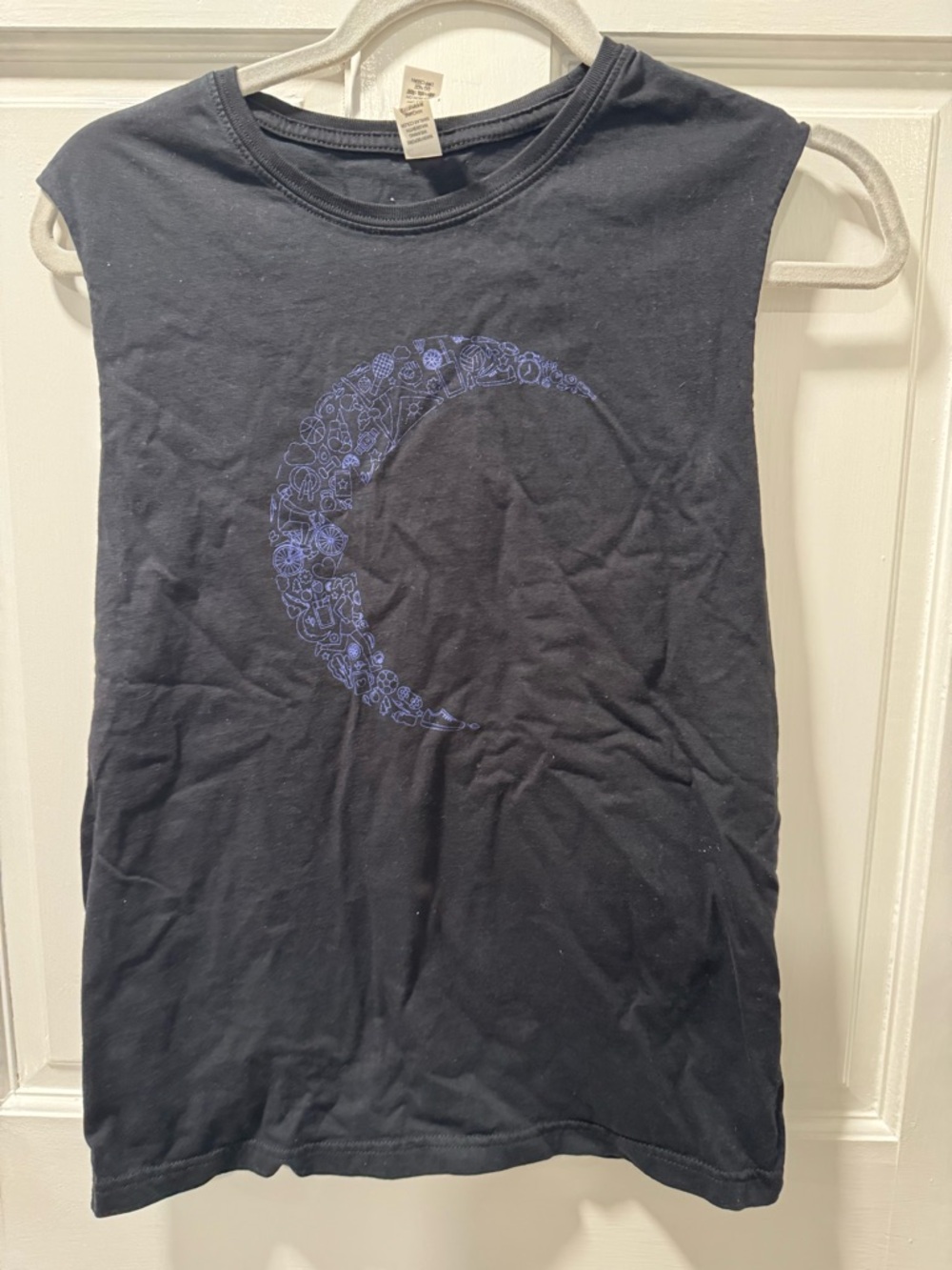 ZYIA Black Sleeveless Tank with Blue Floral Crescent Moon - “Activity” - medium